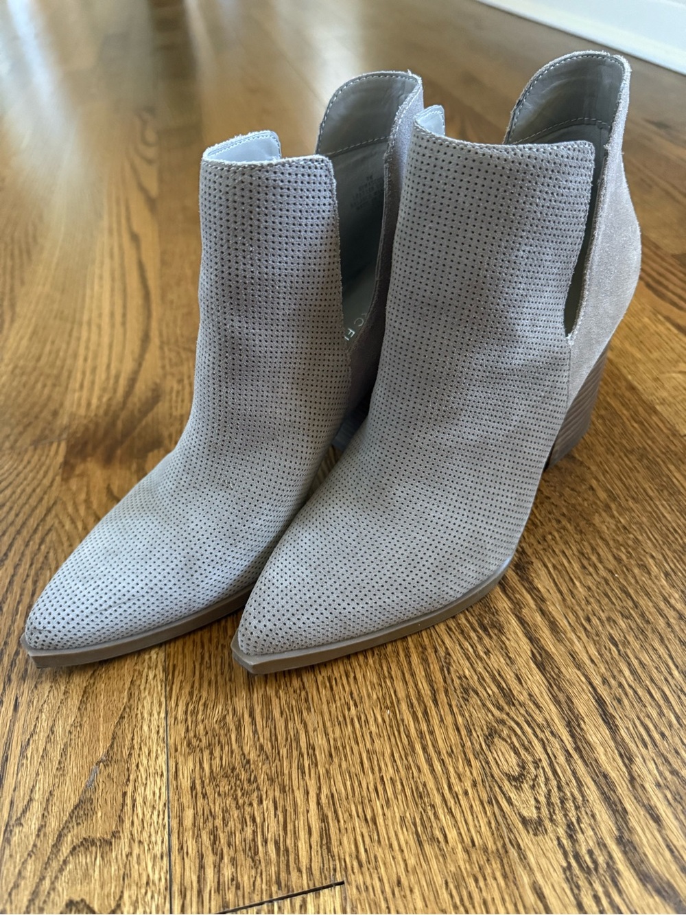 Marc Fisher Perforated Pointed-Toe Ankle Bootie in Taupe